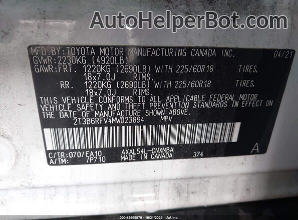 2T3B6RFV4MW023894 2021 TOYOTA LE White Vista del compartimento del motor