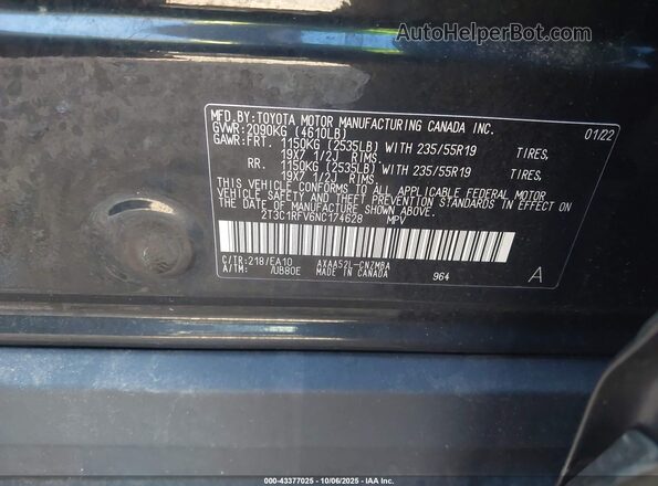 2T3C1RFV6NC174628 2022 TOYOTA LE Black Vista del compartimento del motor