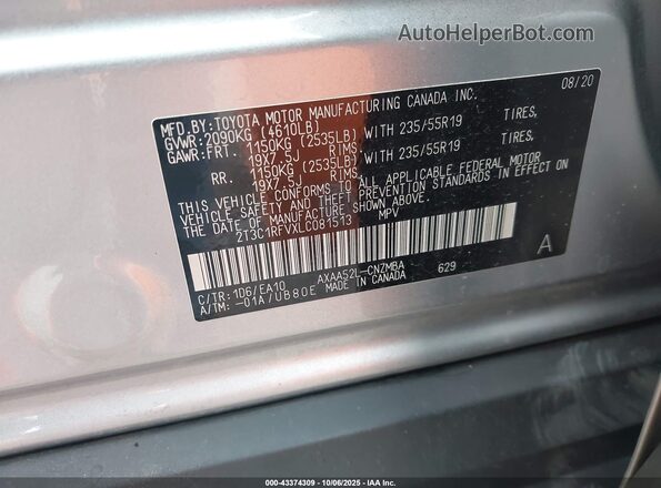 2T3C1RFVXLC081513 2020 TOYOTA LE Серебряный Вид подкапотного пространства