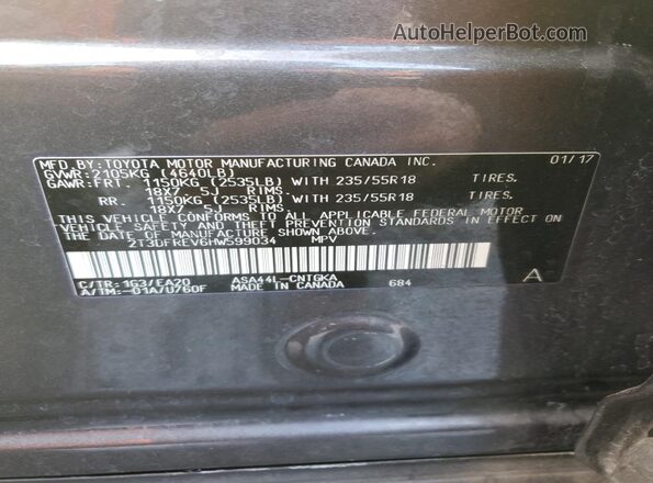 2T3DFREV6HW599034 2017 TOYOTA LIMITED Gray Vista de la etiqueta del VIN