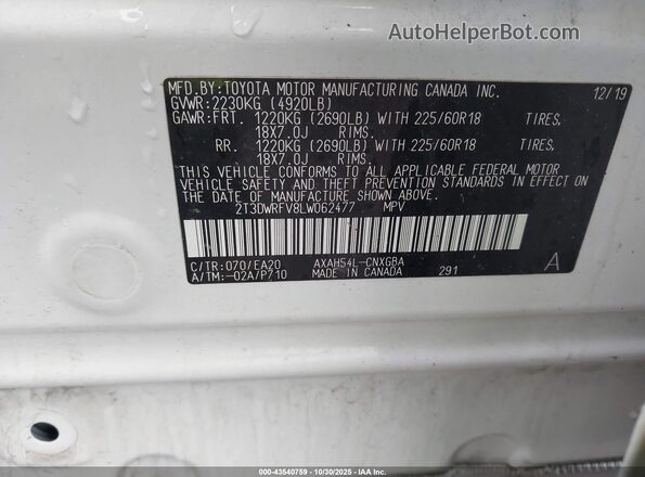 2T3DWRFV8LW062477 2020 TOYOTA LIMITED White ძრავის განყოფილების ხედი