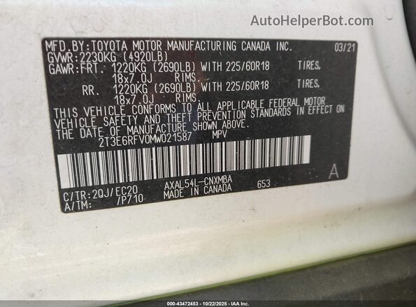 2T3E6RFV0MW021587 2021 TOYOTA RAV4 HYBRID White Engine compartment view
