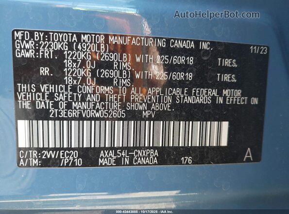 2T3E6RFV0RW052605 2024 TOYOTA RAV4 HYBRID Синий Вид подкапотного пространства