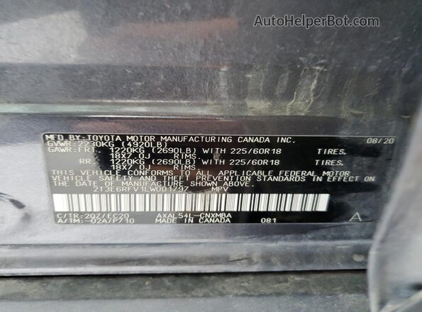 2T3E6RFV1LW001797 2020 TOYOTA RAV4 Gray Вид наклейки з VIN-кодом