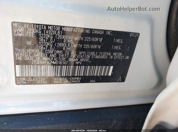 2T3E6RFV2MW016147 2021 TOYOTA RAV4 HYBRID White 