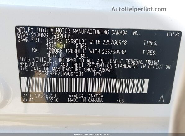 2T3E6RFV3RW061931 2024 TOYOTA RAV4 HYBRID White Engine compartment view