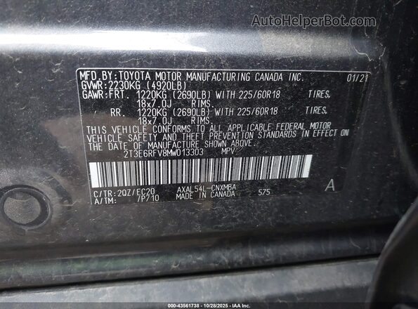 2T3E6RFV8MW013303 2021 TOYOTA RAV4 HYBRID Gray 
