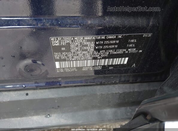 2T3EWRFV4LW072380 2020 TOYOTA RAV4 HYBRID Blue Engine compartment view