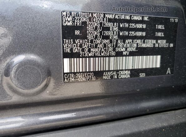 2T3EWRFV6LW058190 2020 TOYOTA RAV4 Gray Vista de la etiqueta del VIN