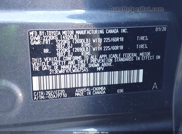 2T3EWRFV7LW067545 2020 TOYOTA RAV4 HYBRID Gray Շարժիչի բաժամունքի տեսք