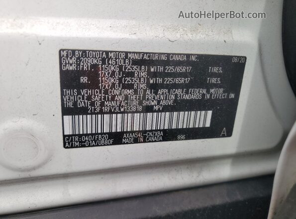 2T3F1RFV3LW133818 2020 TOYOTA LE Белый Вид наклейки с VIN-кодом