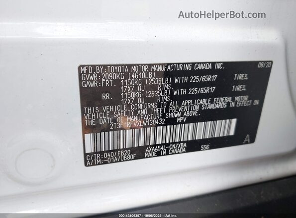 2T3F1RFVXLW130432 2020 TOYOTA LE White Շարժիչի բաժամունքի տեսք