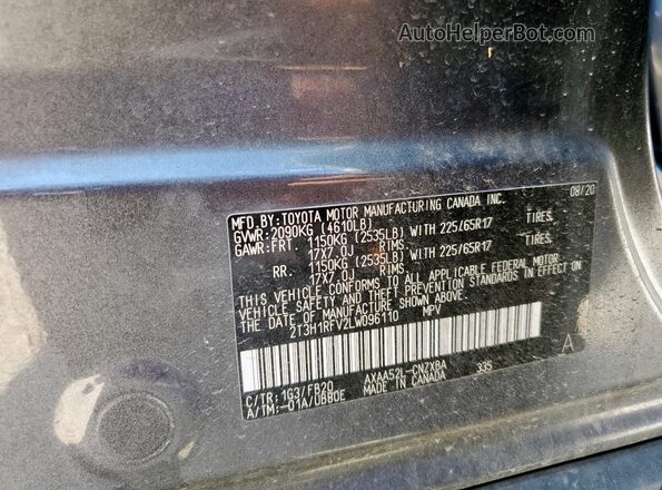 2T3H1RFV2LW096110 2020 TOYOTA LE Gray Vista de la etiqueta del VIN