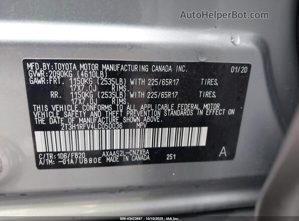 2T3H1RFV4LC050036 2020 TOYOTA LE Silver Widok komory silnika