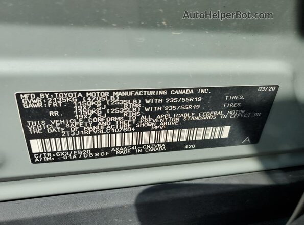 2T3J1RFV3LC107604 2020 TOYOTA RAV4 Gray VIN კოდის სტიკერის ხედი