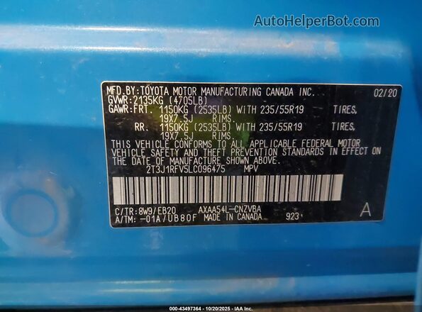 2T3J1RFV5LC096475 2020 TOYOTA RAV4 Blue Vista del compartimento del motor