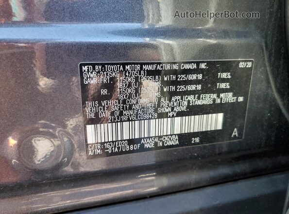 2T3J1RFV6LC098428 2020 TOYOTA RAV4 Charcoal VIN კოდის სტიკერის ხედი