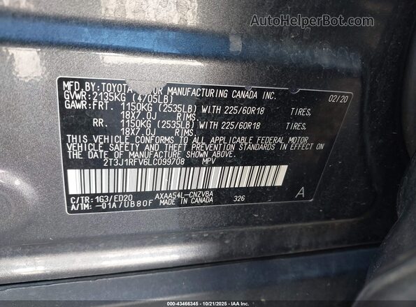 2T3J1RFV6LC099708 2020 TOYOTA RAV4 Gray Widok komory silnika