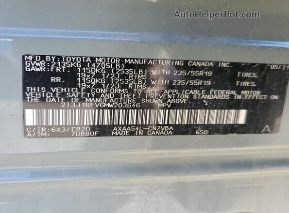 2T3J1RFV6MW203646 2021 TOYOTA RAV4 Gray Widok wnętrza 360 stopni