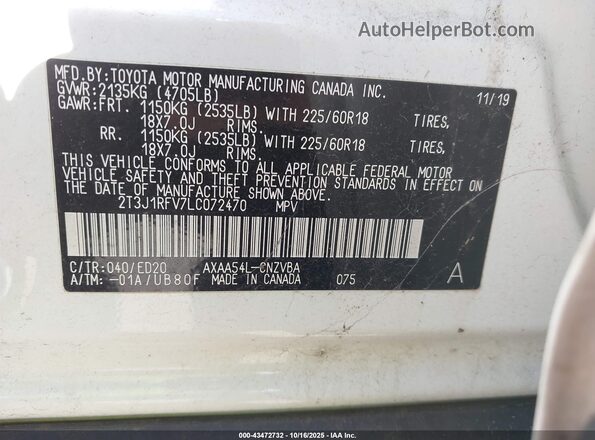 2T3J1RFV7LC072470 2020 TOYOTA RAV4 White Widok komory silnika