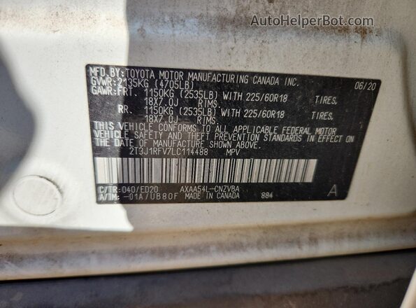 2T3J1RFV7LC114488 2020 TOYOTA RAV4 White Widok wnętrza 360 stopni