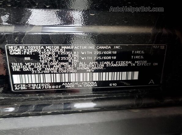2T3J1RFV8LC082960 2020 TOYOTA RAV4 Black Vista de la etiqueta del VIN
