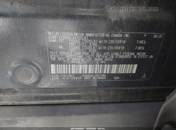 2T3J1RFV8LC137522 2020 TOYOTA RAV4 Black Vista del compartimento del motor