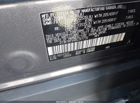 2T3K1RFV4RC281730 2024 TOYOTA LE Gray ძრავის განყოფილების ხედი