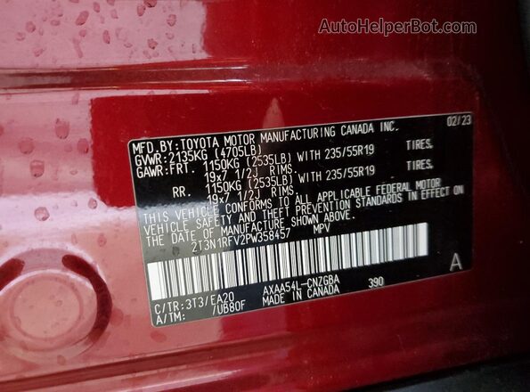 2T3N1RFV2PW358457 2023 TOYOTA LIMITED Red Widok naklejki z numerem VIN