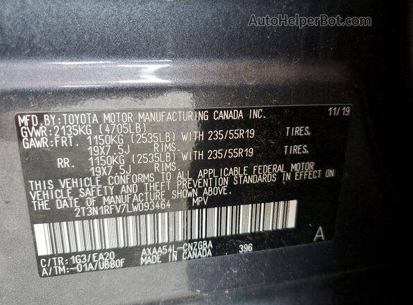 2T3N1RFV7LW093464 2020 TOYOTA LIMITED Charcoal სალონის 360-გრადუსიანი ხედი