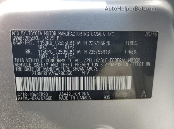2T3NFREV7GW286366 2016 TOYOTA RAV4 Silver VIN կոդի պիտակի տեսք