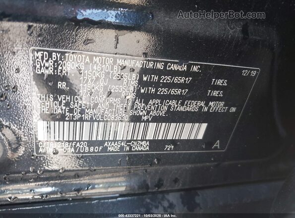 2T3P1RFV0LC083630 2020 TOYOTA LE Black ძრავის განყოფილების ხედი
