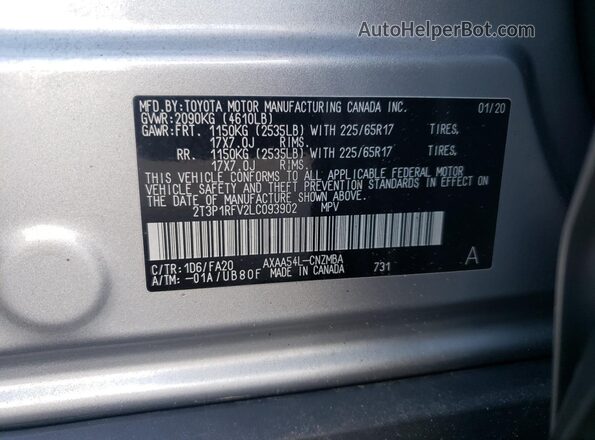 2T3P1RFV2LC093902 2020 TOYOTA LE Silver VIN կոդի պիտակի տեսք
