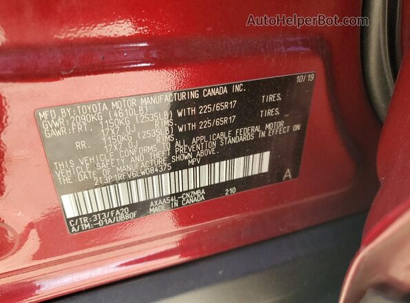 2T3P1RFV6LW084375 2020 TOYOTA LE Red VIN sticker view