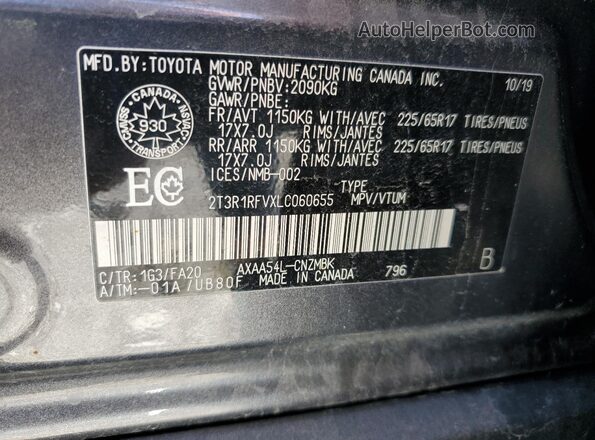 2T3R1RFVXLC060655 2020 TOYOTA LE Charcoal Widok naklejki z numerem VIN
