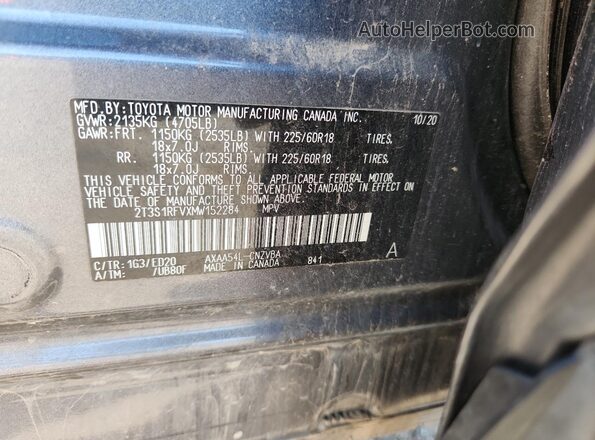 2T3S1RFVXMW152284 2021 TOYOTA RAV4 Gray VIN կոդի պիտակի տեսք