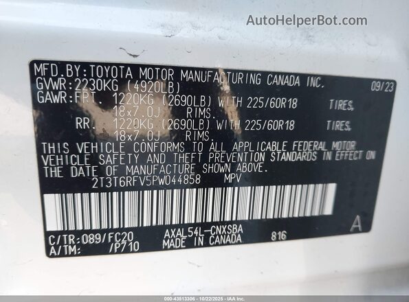 2T3T6RFV5PW044858 2023 TOYOTA RAV4 HYBRID White Շարժիչի բաժամունքի տեսք