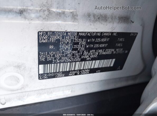 2T3W1RFV2RW330956 2024 TOYOTA LE White Vista del compartimento del motor