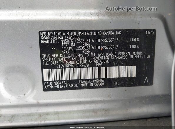2T3W1RFV4LC039478 2020 TOYOTA LE Gray Вид підкапотного простору