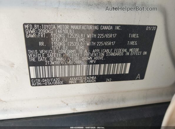 2T3W1RFV7LW070884 2020 TOYOTA LE Белый Вид подкапотного пространства