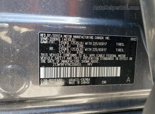 2T3W1RFV7NC206855 2022 TOYOTA LE Gray Vista de la etiqueta del VIN
