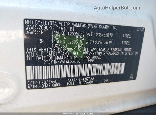 2T3Y1RFV5LW093010 2020 TOYOTA LIMITED White Շարժիչի բաժամունքի տեսք