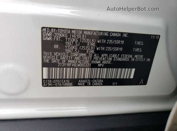2T3Y1RFV6LW065331 2020 TOYOTA LIMITED Белый Вид наклейки с VIN-кодом