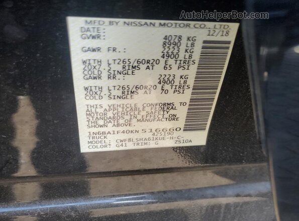 1N6BA1F40KN516660 2019 NISSAN TITAN Black VIN կոդի պիտակի տեսք