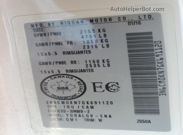 3N6CM0KN7GK691120 2016 NISSAN NV200 White 