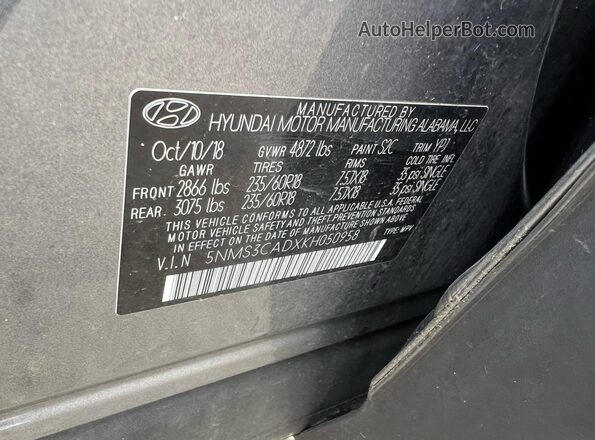 5NMS3CADXKH050958 2019 HYUNDAI SANTA FE Gray Սալոնի հետևի տեսք