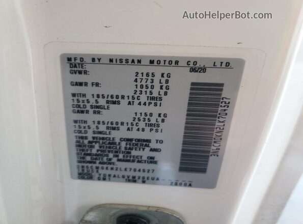 3N6CM0KN2LK704527 2020 NISSAN NV White Вид наклейки з VIN-кодом