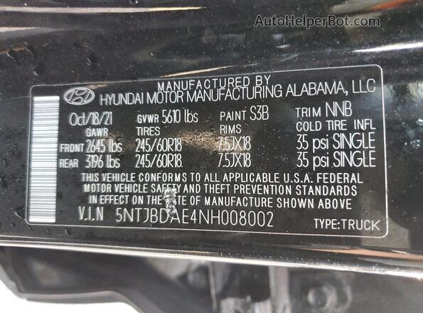 5NTJBDAE4NH008002 2022 HYUNDAI SANTA CRUZ Черный Вид наклейки с VIN-кодом