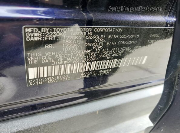 JTMEWRFV6LJ032994 2020 TOYOTA RAV4 Blue Вид наклейки з VIN-кодом