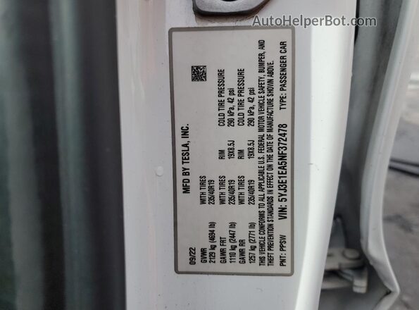 5YJ3E1EA5NF372478 2022 TESLA MODEL 3 White Widok naklejki z numerem VIN